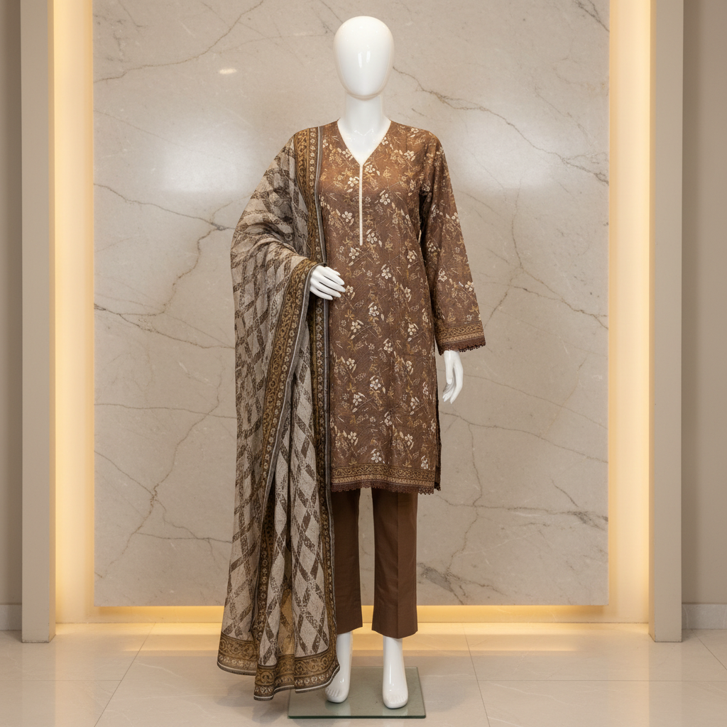 MTJ Cocoa Brown Printed Lawn Suit | Floral Print | Matching Border | Printed Dupatta
