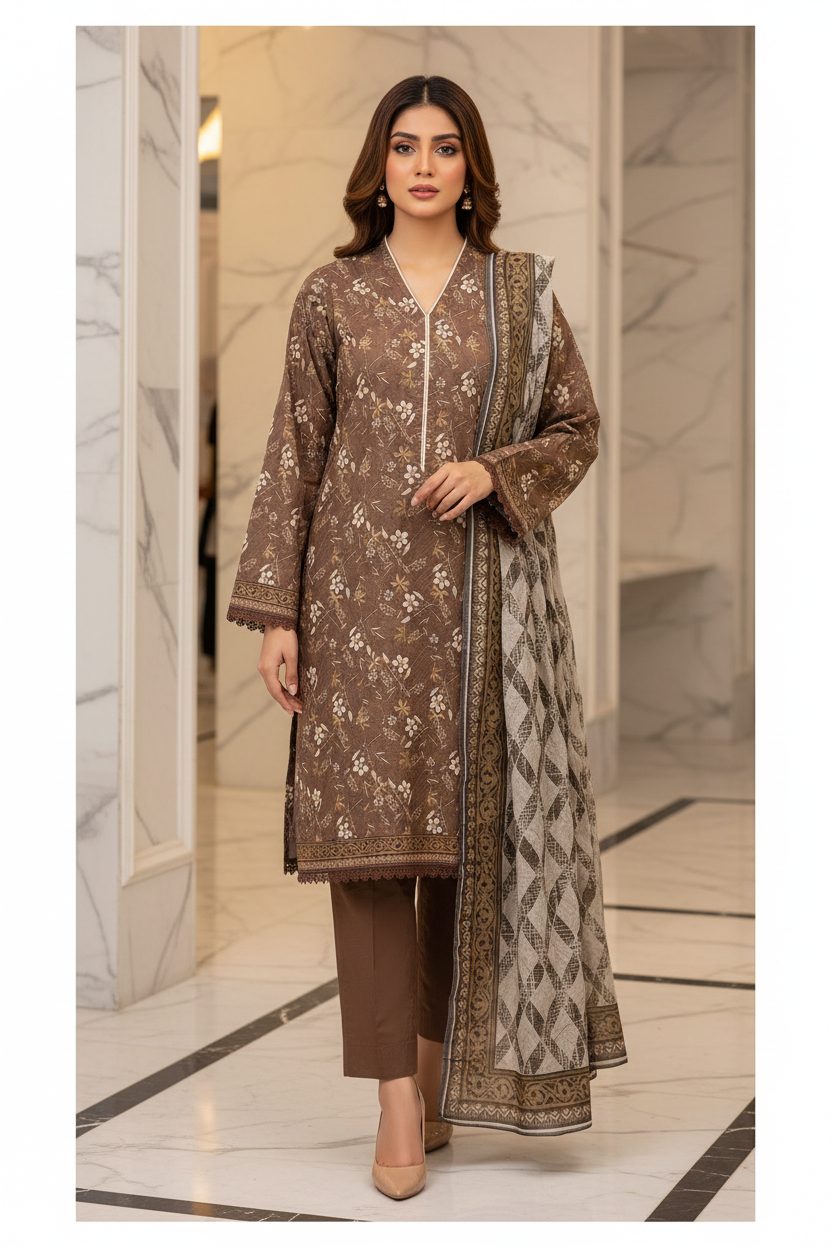 MTJ Cocoa Brown Printed Lawn Suit | Floral Print | Matching Border | Printed Dupatta