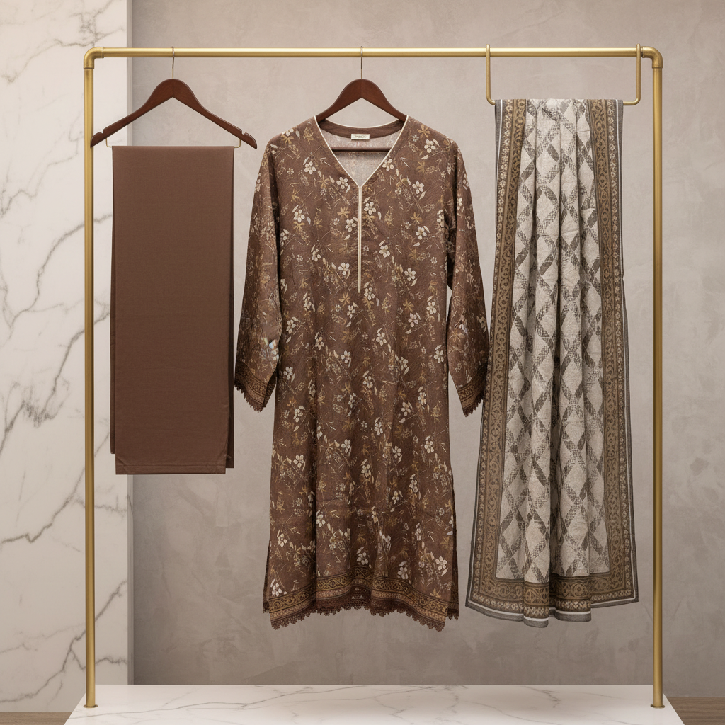 MTJ Cocoa Brown Printed Lawn Suit | Floral Print | Matching Border | Printed Dupatta