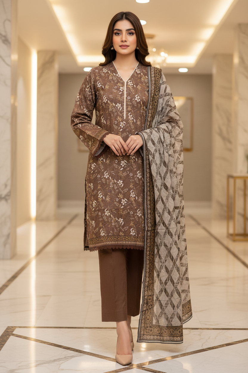 MTJ Cocoa Brown Printed Lawn Suit | Floral Print | Matching Border | Printed Dupatta