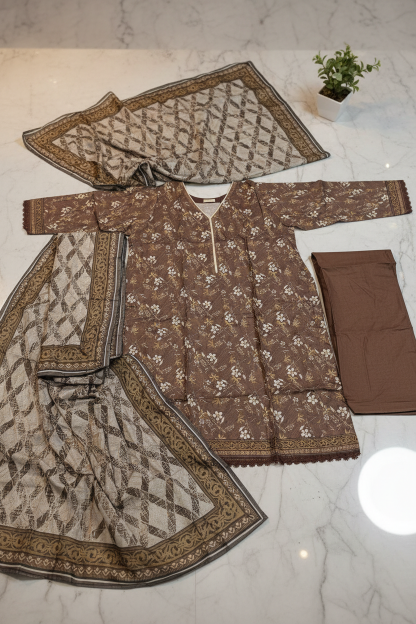 MTJ Cocoa Brown Printed Lawn Suit | Floral Print | Matching Border | Printed Dupatta