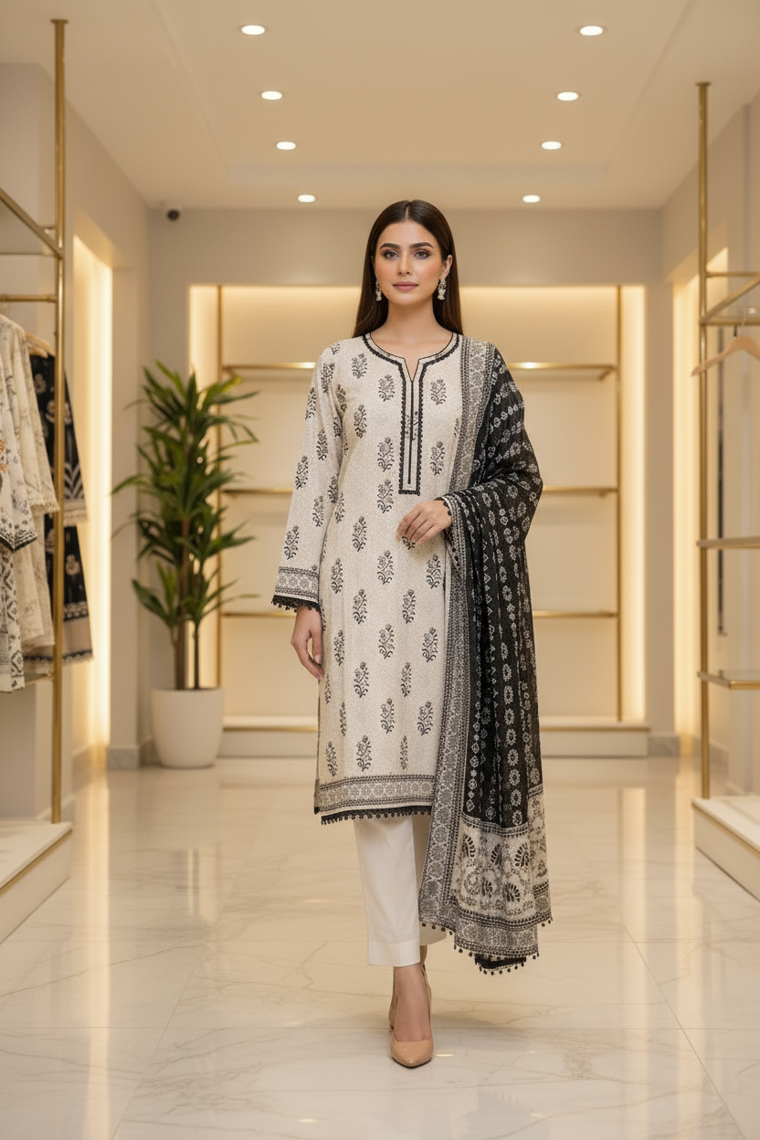 MTJ Black & Ivory Printed Lawn Suit | Plain Trouser | Printed Dupatta | Casual Wear