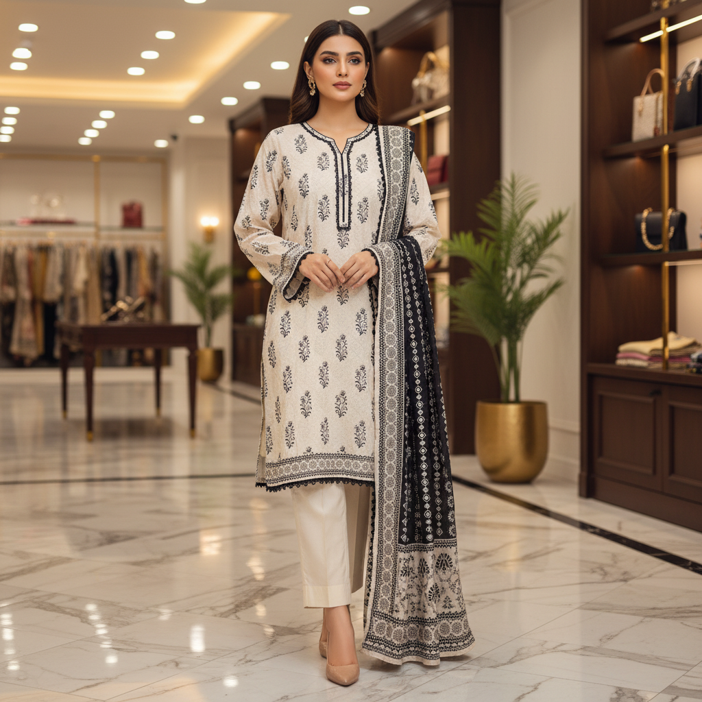 MTJ Black & Ivory Printed Lawn Suit | Plain Trouser | Printed Dupatta | Casual Wear