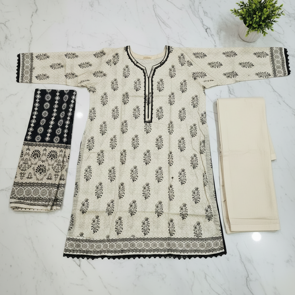 MTJ Black & Ivory Printed Lawn Suit | Plain Trouser | Printed Dupatta | Casual Wear