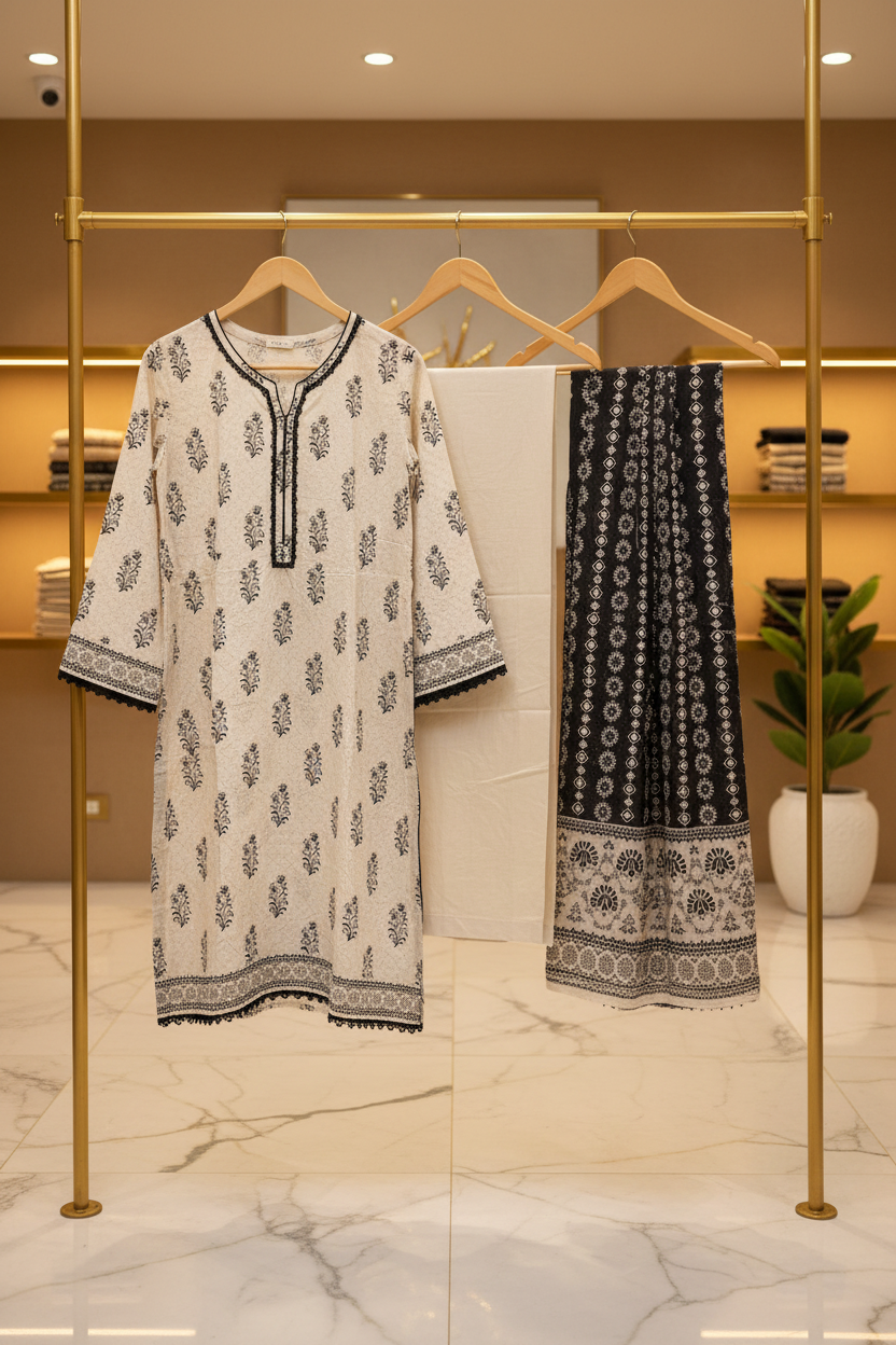 MTJ Black & Ivory Printed Lawn Suit | Plain Trouser | Printed Dupatta | Casual Wear
