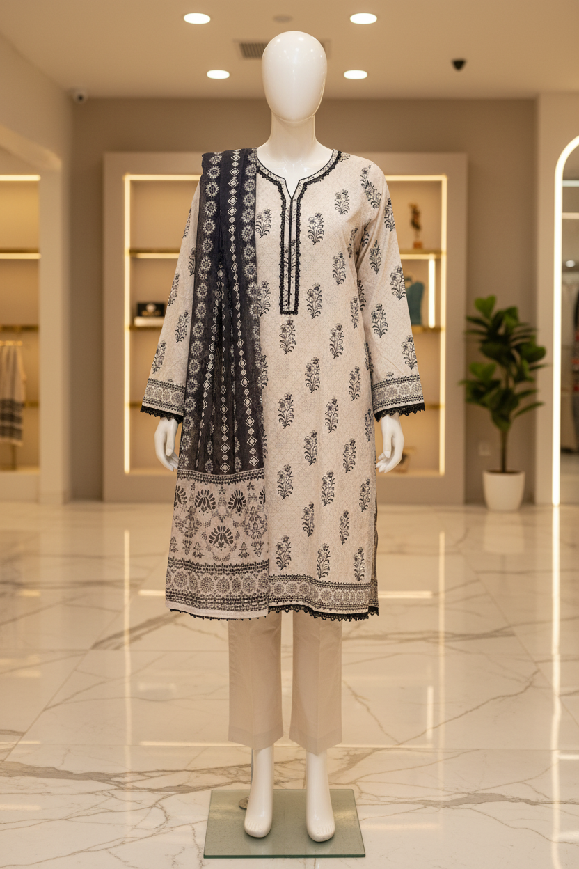 MTJ Black & Ivory Printed Lawn Suit | Plain Trouser | Printed Dupatta | Casual Wear