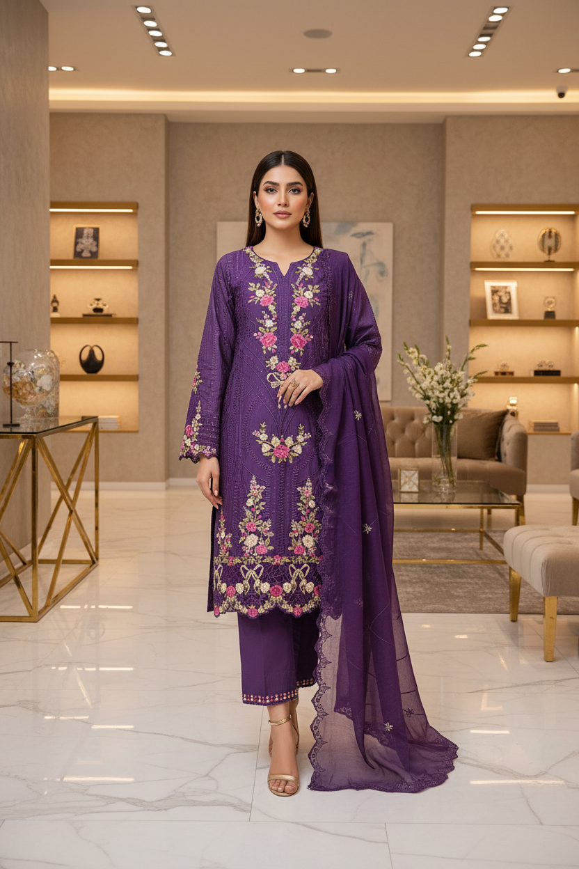 ETHNC Celestine | Royal Mulberry Cotton Embroidered Shalwar Kameez | Premium 3 Piece Suit with Embroidered Cotton Dupatta