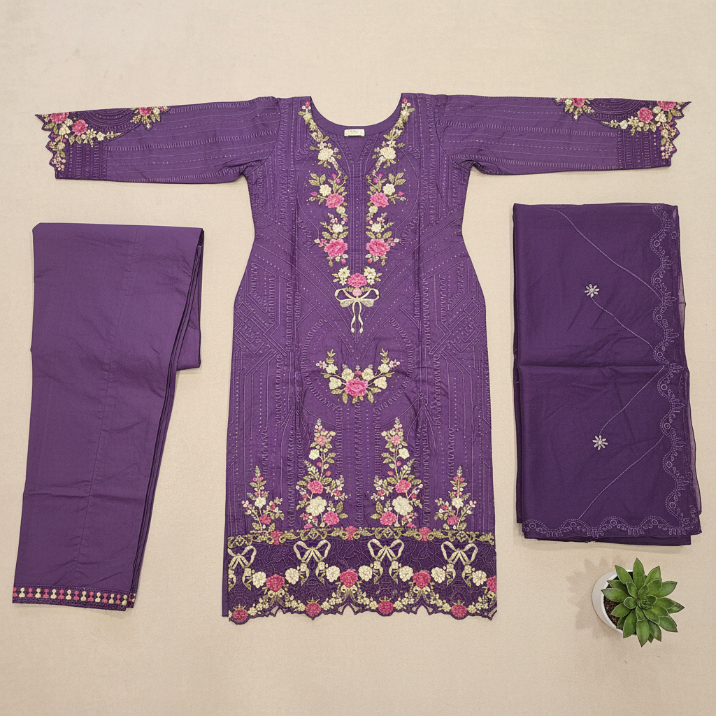 ETHNC Celestine | Royal Mulberry Cotton Embroidered Shalwar Kameez | Premium 3 Piece Suit with Embroidered Cotton Dupatta