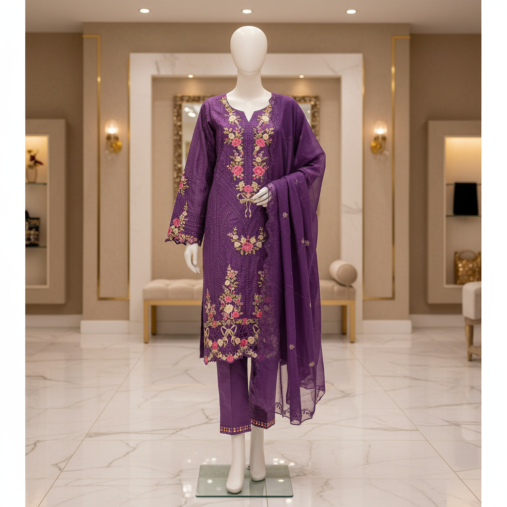 ETHNC Celestine | Royal Mulberry Cotton Embroidered Shalwar Kameez | Premium 3 Piece Suit with Embroidered Cotton Dupatta