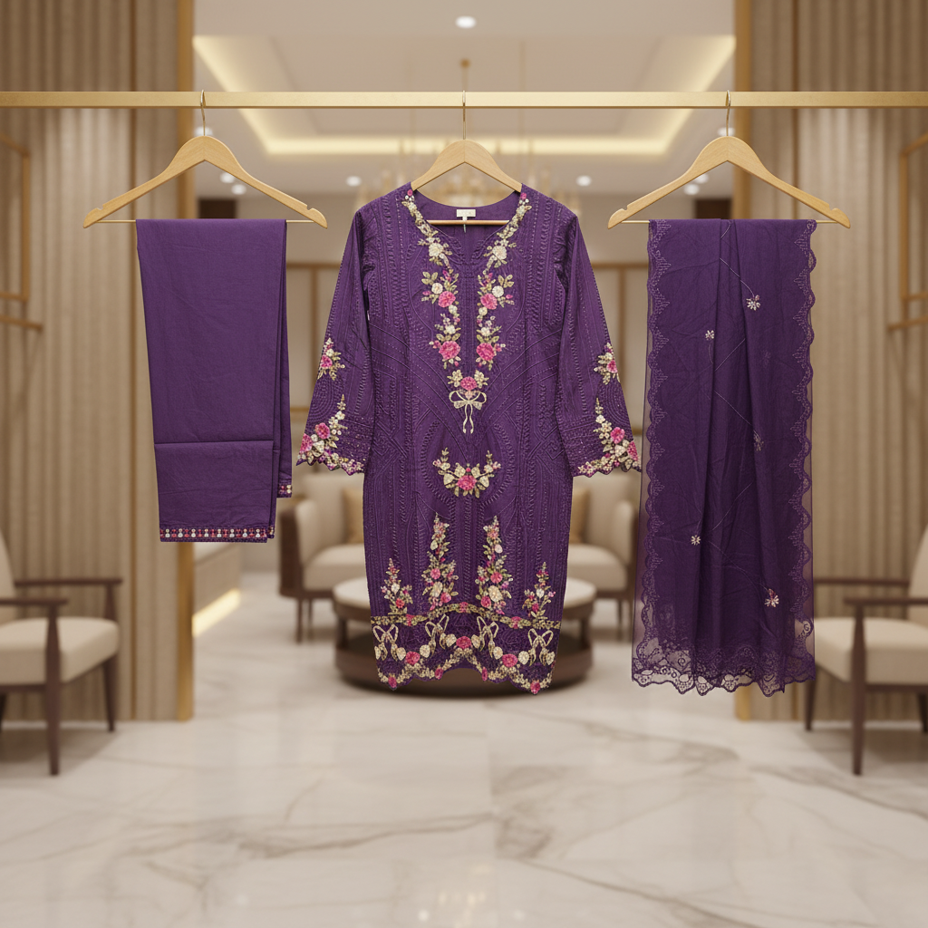ETHNC Celestine | Royal Mulberry Cotton Embroidered Shalwar Kameez | Premium 3 Piece Suit with Embroidered Cotton Dupatta