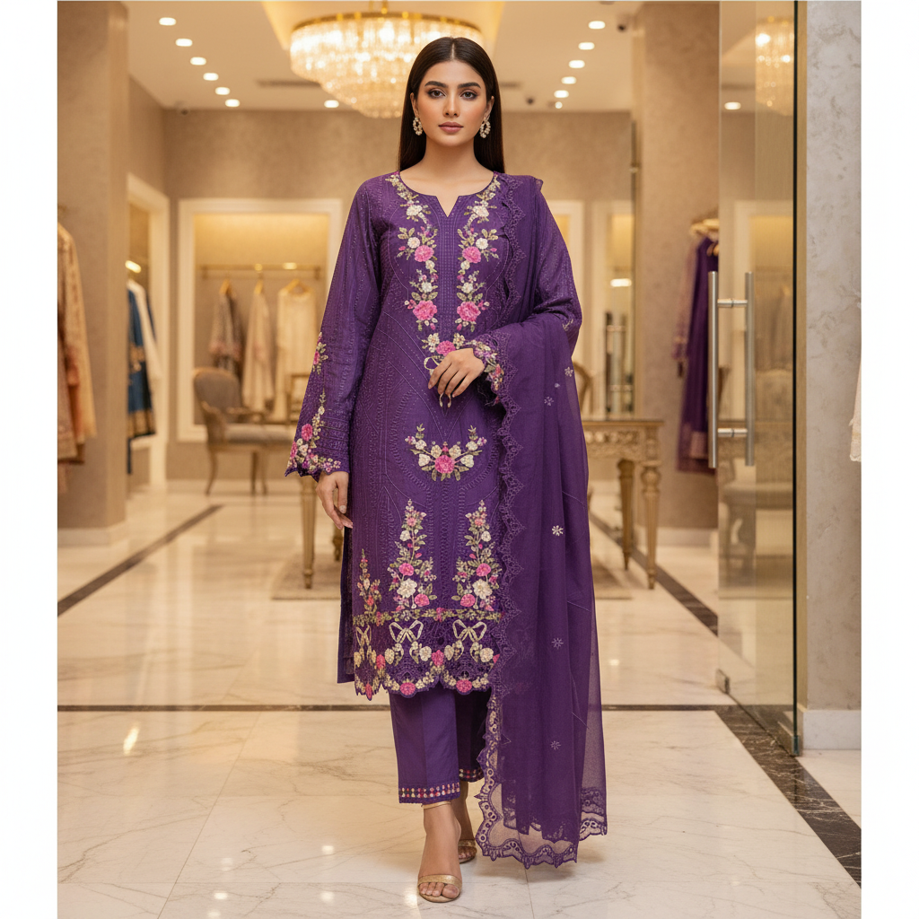 ETHNC Celestine | Royal Mulberry Cotton Embroidered Shalwar Kameez | Premium 3 Piece Suit with Embroidered Cotton Dupatta