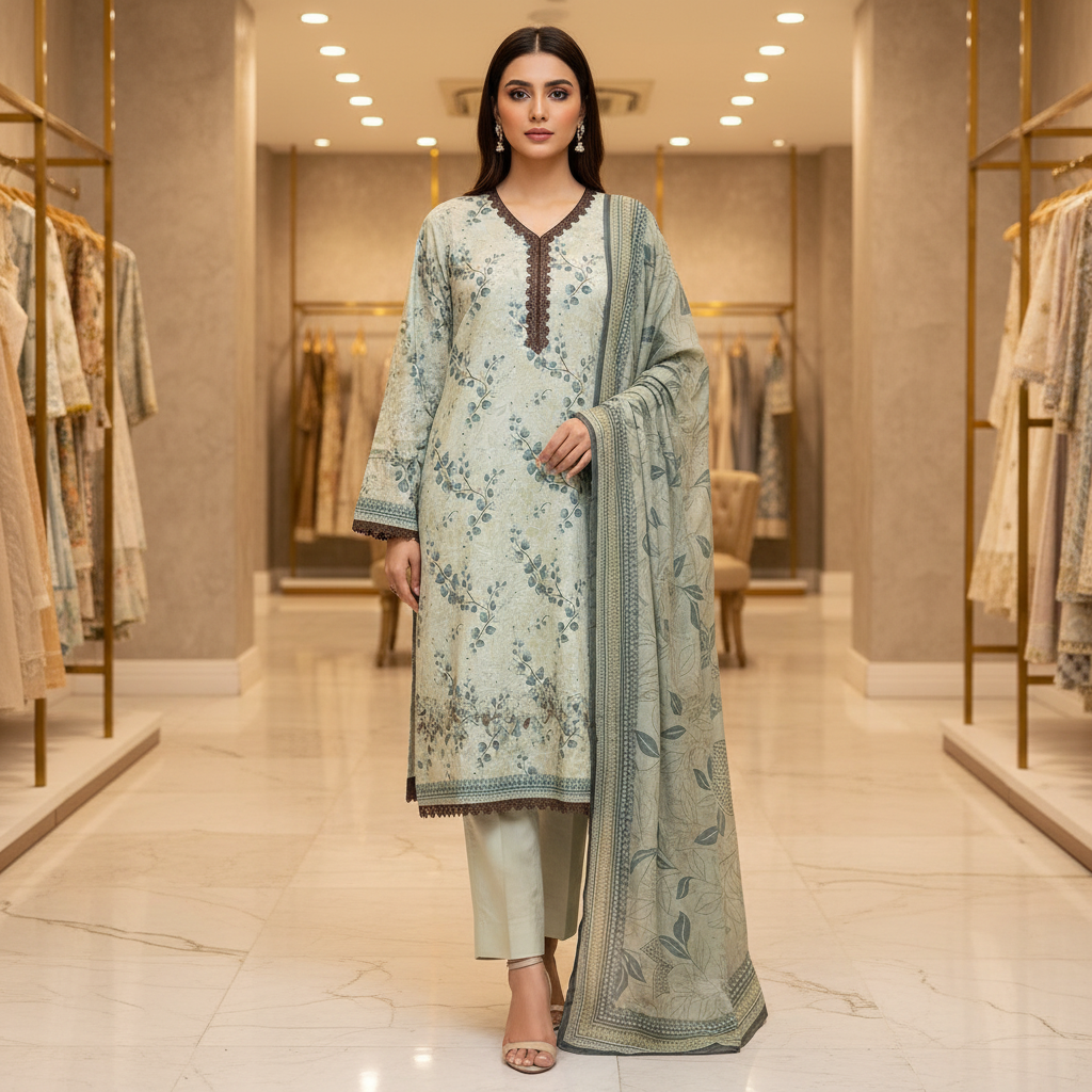 MHK Original | Sage Botanical Printed Lawn Suit | Printed Dupatta | Straight Trouser