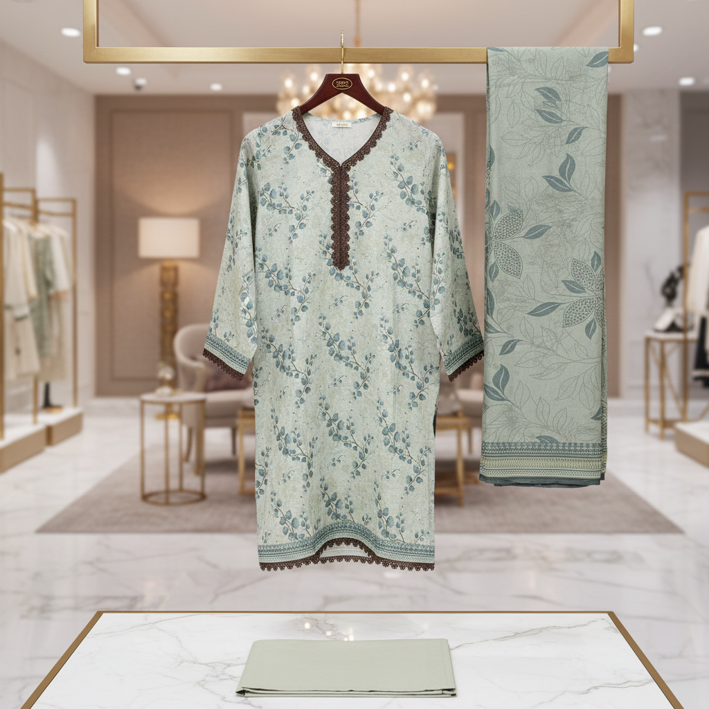 MHK Original | Sage Botanical Printed Lawn Suit | Printed Dupatta | Straight Trouser
