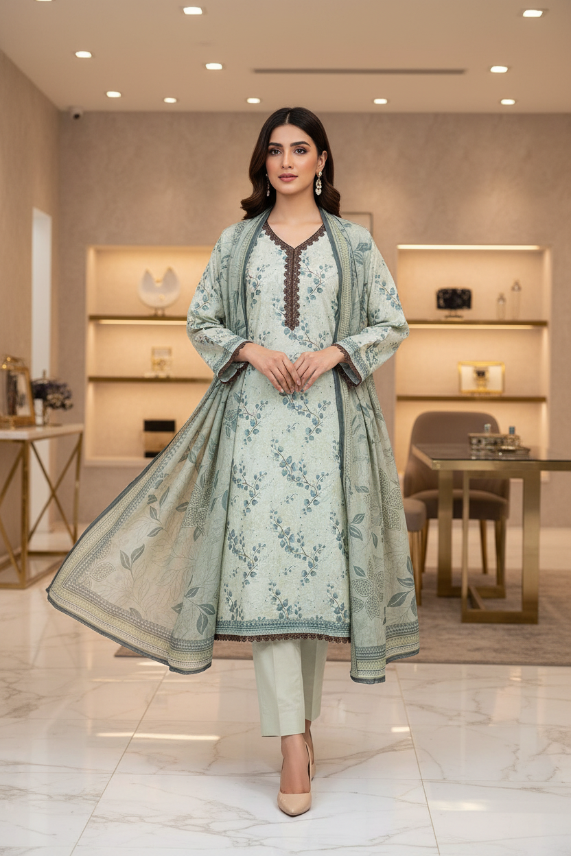 MHK Original | Sage Botanical Printed Lawn Suit | Printed Dupatta | Straight Trouser
