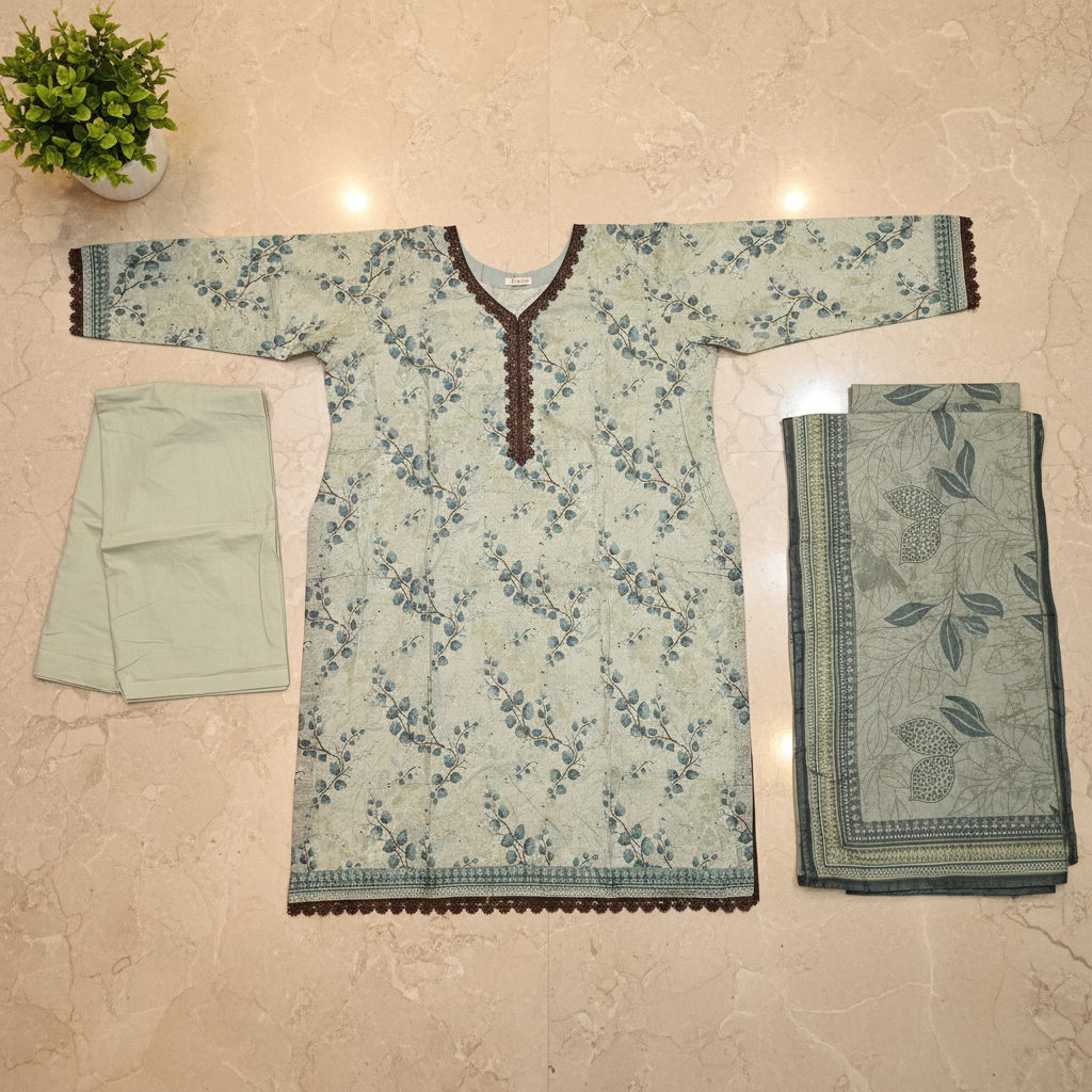 MHK Original | Sage Botanical Printed Lawn Suit | Printed Dupatta | Straight Trouser