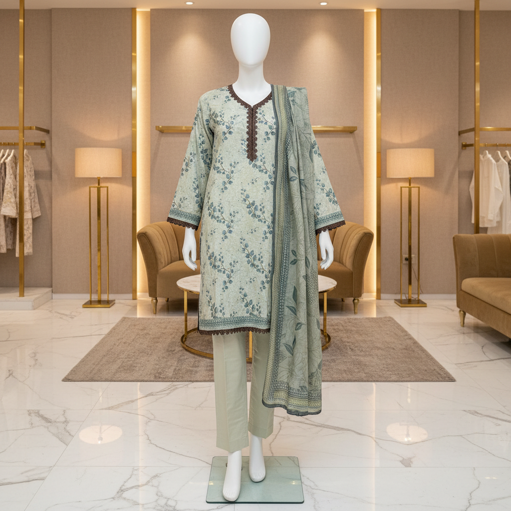 MHK Original | Sage Botanical Printed Lawn Suit | Printed Dupatta | Straight Trouser