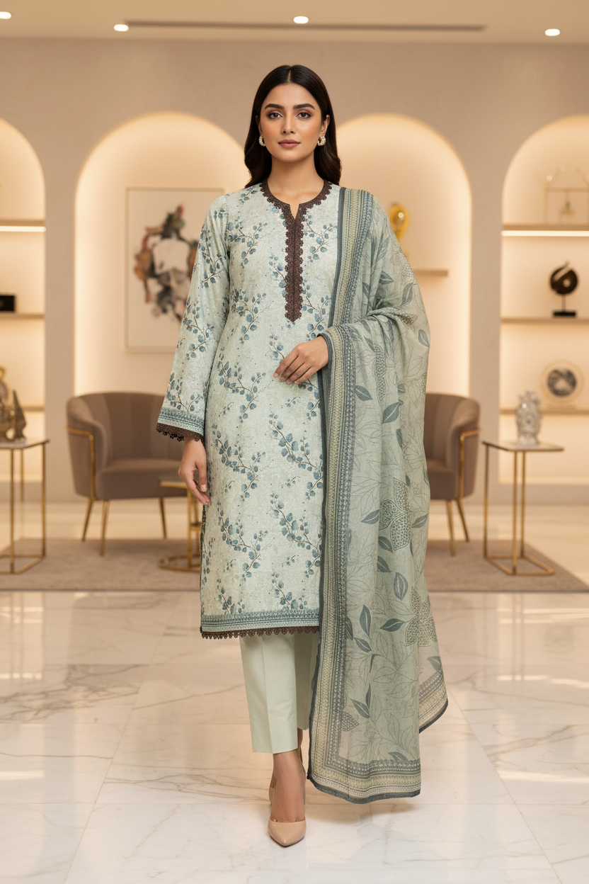 MHK Original | Sage Botanical Printed Lawn Suit | Printed Dupatta | Straight Trouser