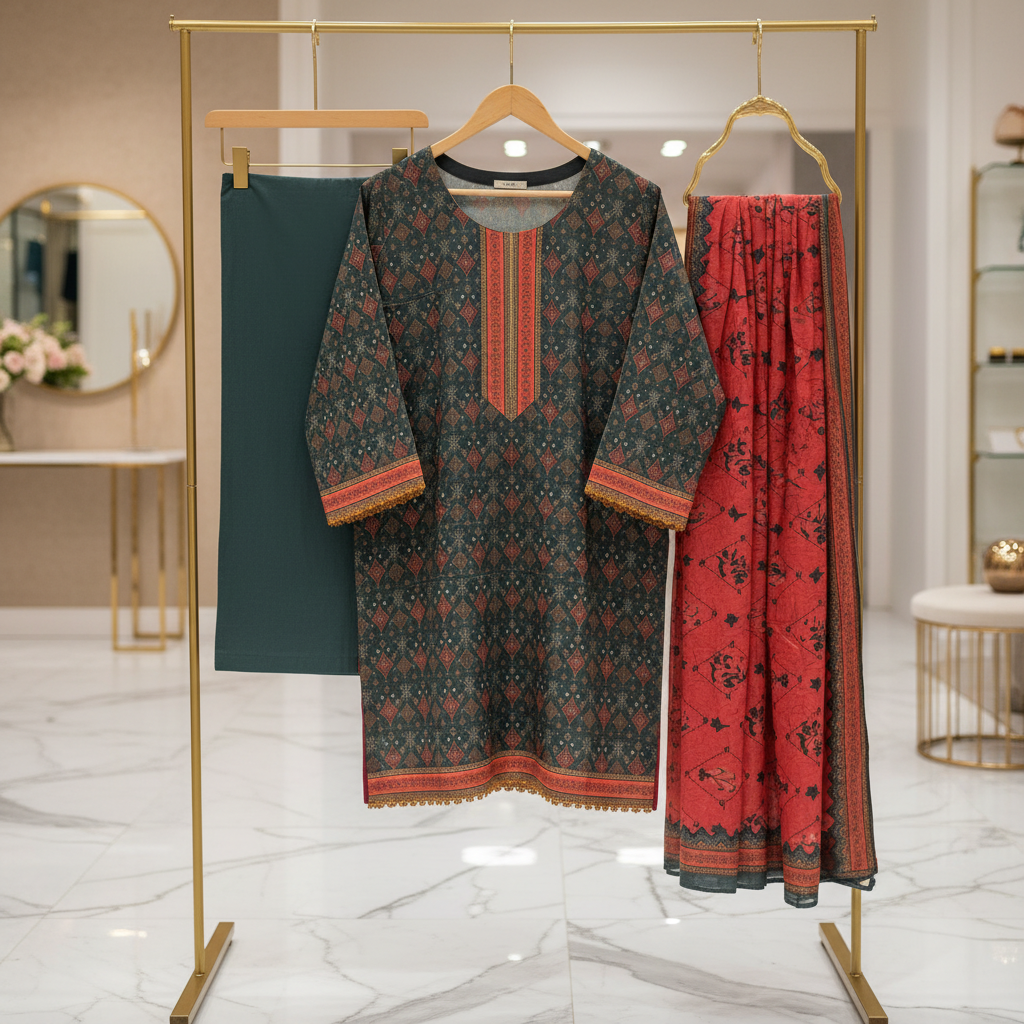 MHK Originals Zareena | Emerald Forest Printed Lawn Shalwar Kameez | Premium 3 Piece Pakistani Suit