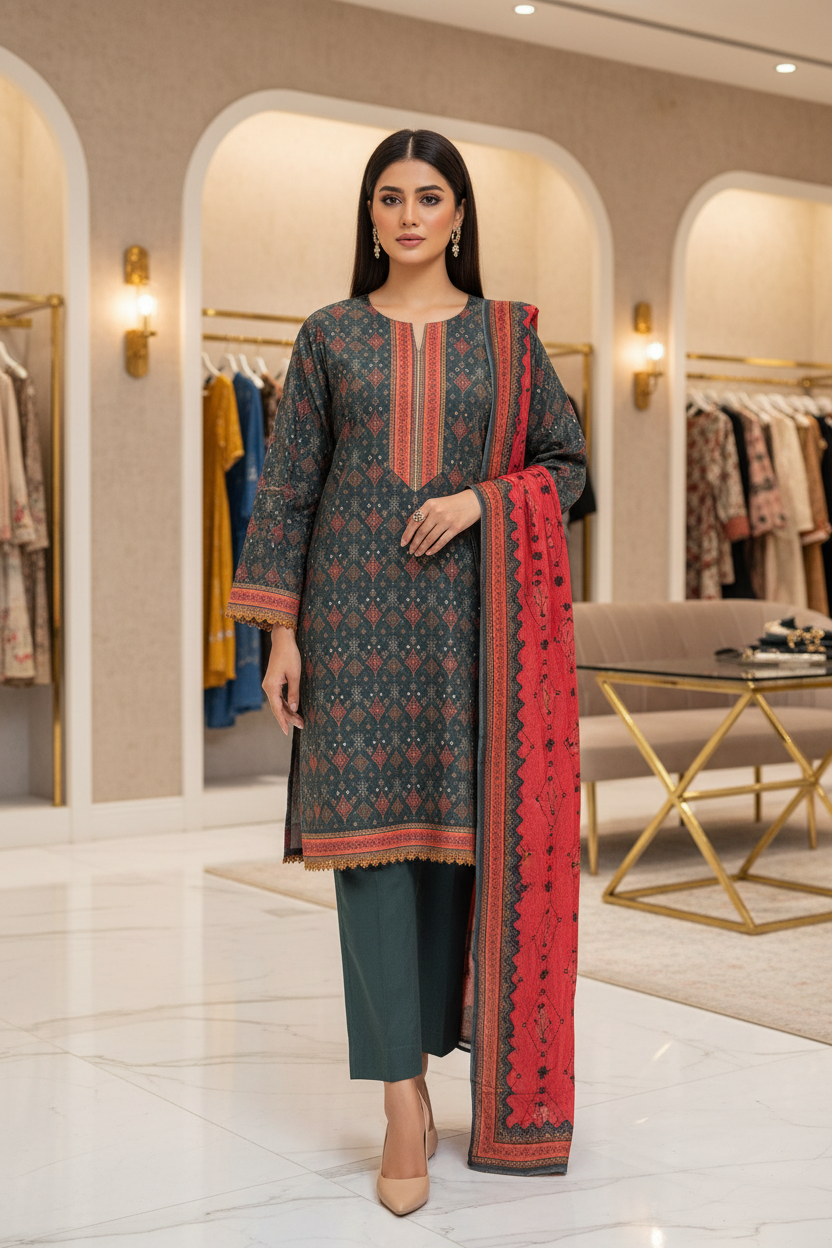 MHK Originals Zareena | Emerald Forest Printed Lawn Shalwar Kameez | Premium 3 Piece Pakistani Suit