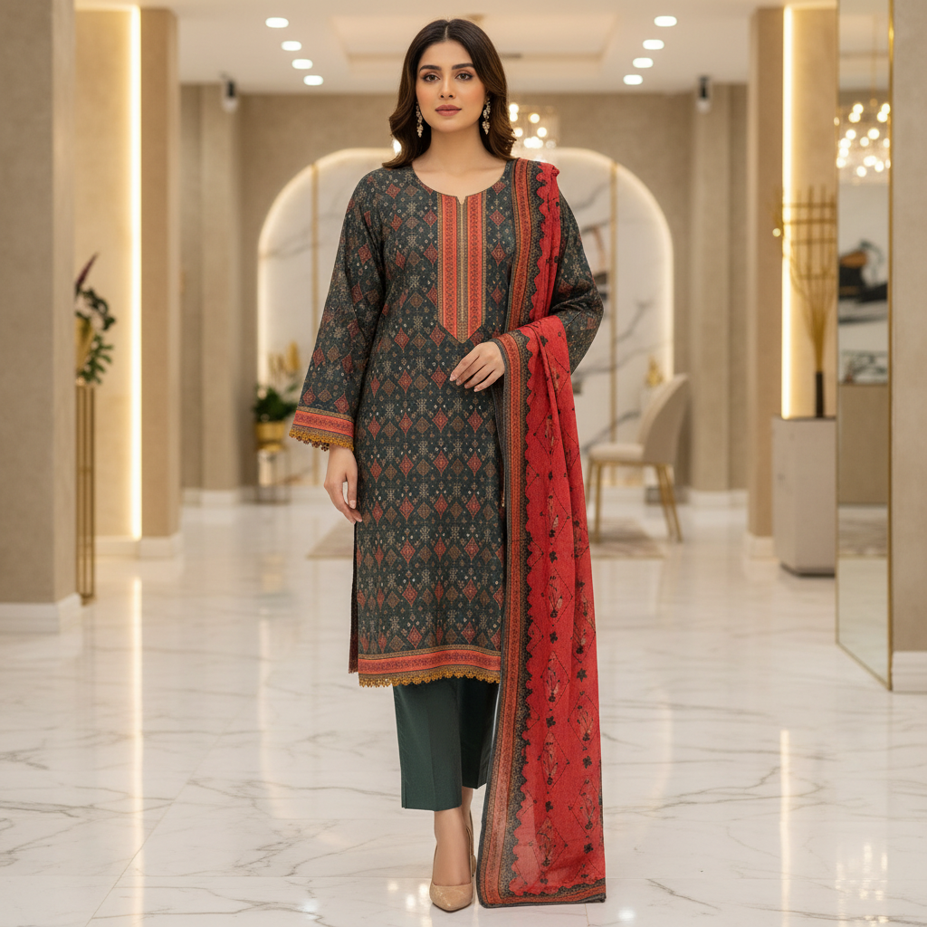 MHK Originals Zareena | Emerald Forest Printed Lawn Shalwar Kameez | Premium 3 Piece Pakistani Suit