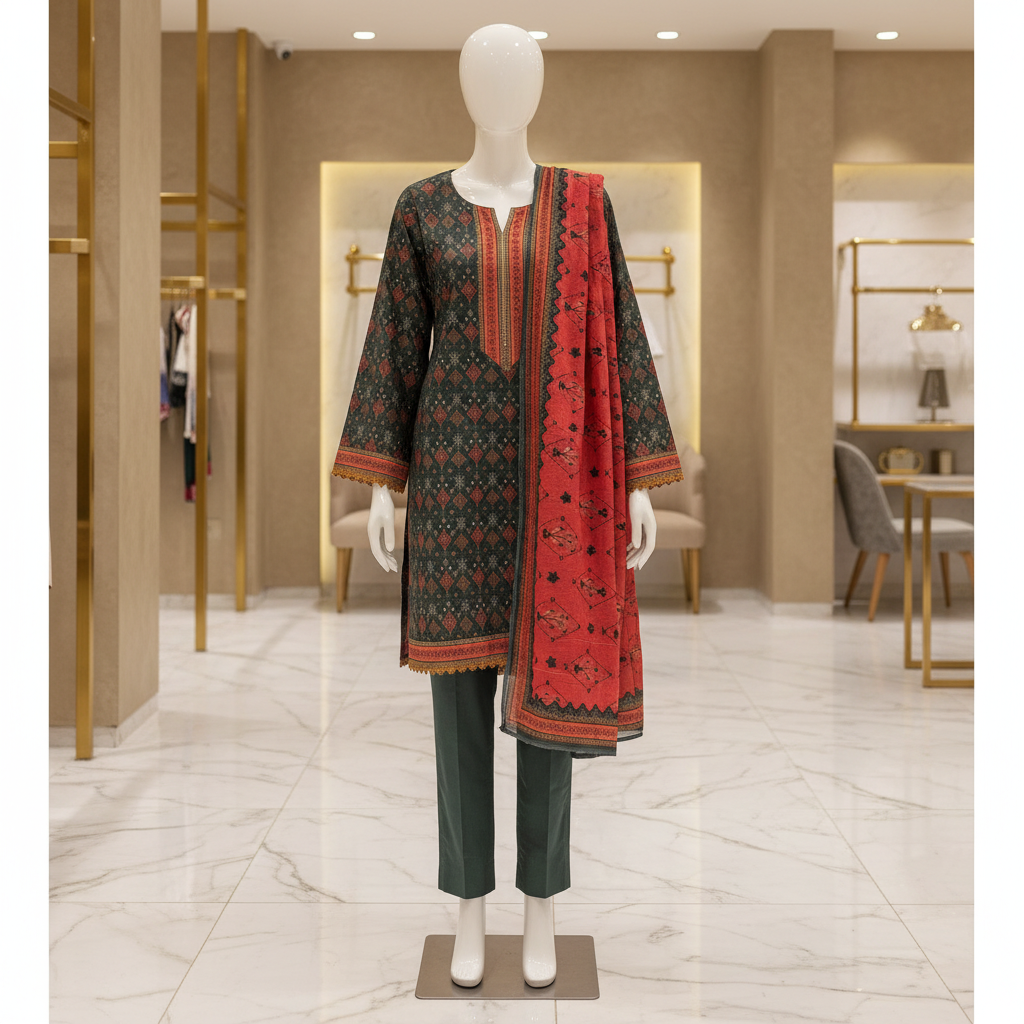 MHK Originals Zareena | Emerald Forest Printed Lawn Shalwar Kameez | Premium 3 Piece Pakistani Suit