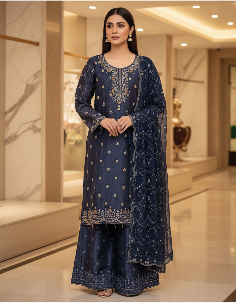Navy Blue & Teal | Luxury Hand Embellished Shimmer Silk Suit | Embroidered Palazzo | Chiffon Dupatta