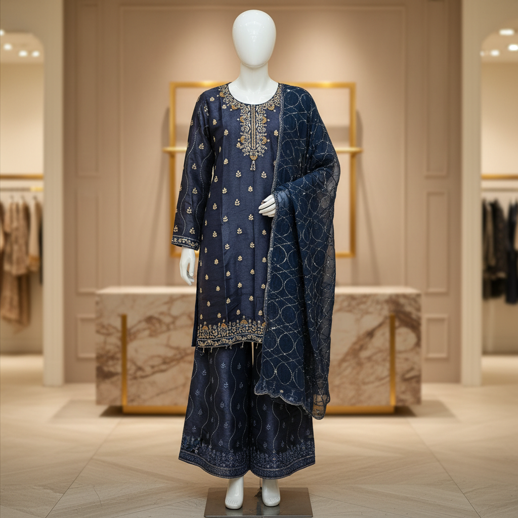 Navy Blue & Teal | Luxury Hand Embellished Shimmer Silk Suit | Embroidered Palazzo | Chiffon Dupatta