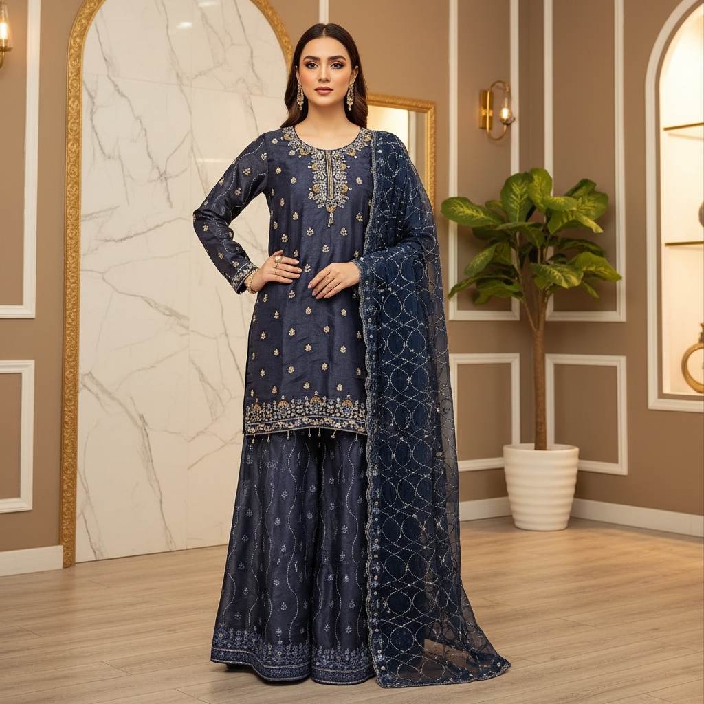 Navy Blue & Teal | Luxury Hand Embellished Shimmer Silk Suit | Embroidered Palazzo | Chiffon Dupatta