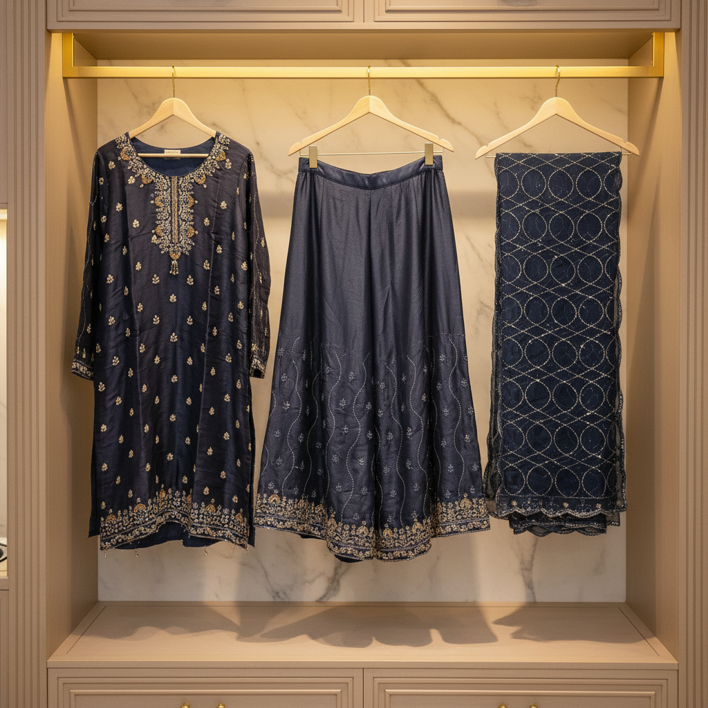 Navy Blue & Teal | Luxury Hand Embellished Shimmer Silk Suit | Embroidered Palazzo | Chiffon Dupatta