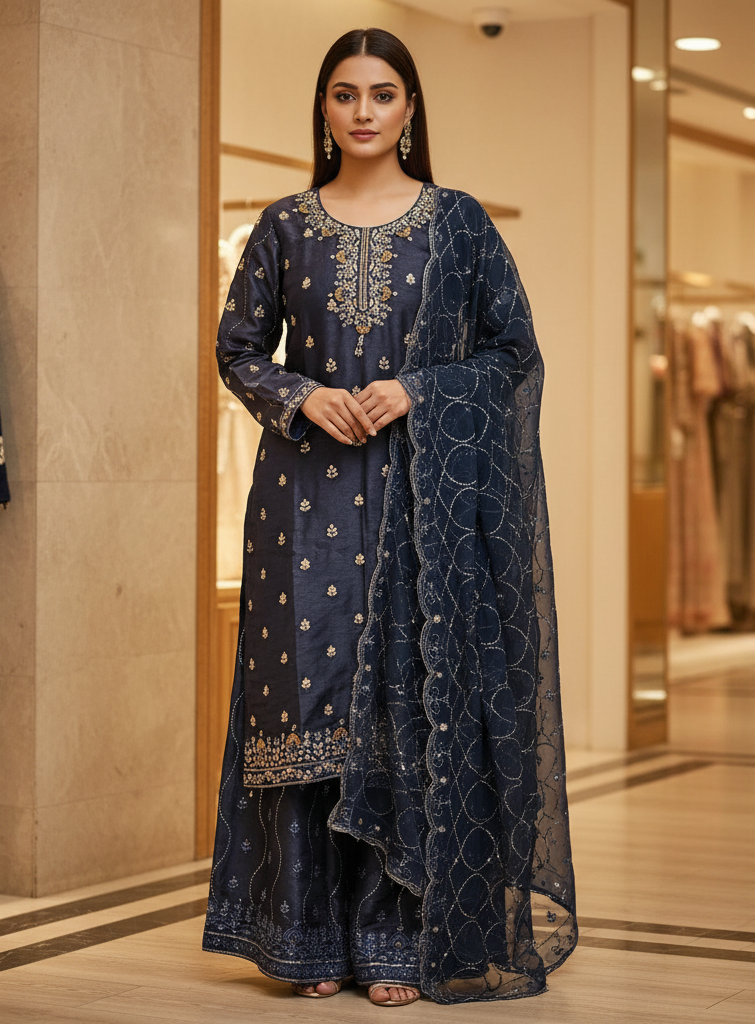 Navy Blue & Teal | Luxury Hand Embellished Shimmer Silk Suit | Embroidered Palazzo | Chiffon Dupatta