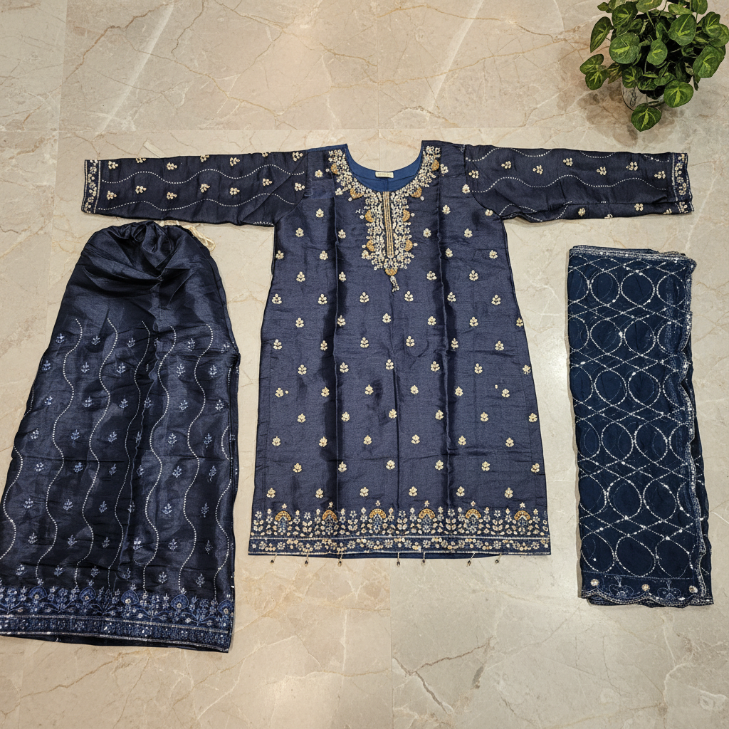 Navy Blue & Teal | Luxury Hand Embellished Shimmer Silk Suit | Embroidered Palazzo | Chiffon Dupatta