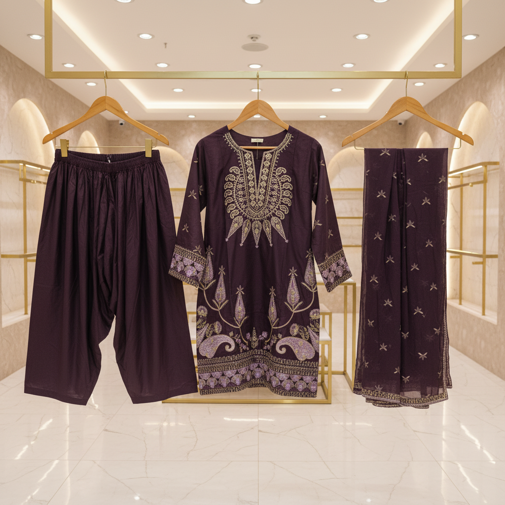 ALS Amethyst Royale | Plum Amethyst Farshi Shalwar Suit | Premium Cotton 3 Piece | Embroidered Shirt & Chiffon Dupatta