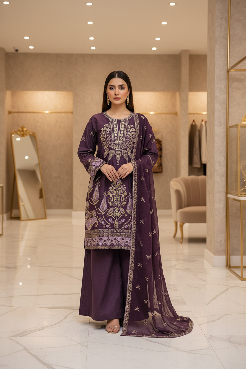 ALS Amethyst Royale | Plum Amethyst Farshi Shalwar Suit | Premium Cotton 3 Piece | Embroidered Shirt & Chiffon Dupatta