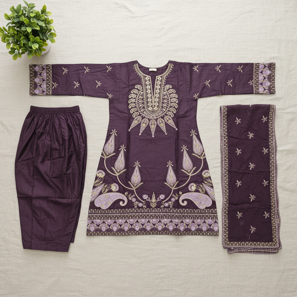 ALS Amethyst Royale | Plum Amethyst Farshi Shalwar Suit | Premium Cotton 3 Piece | Embroidered Shirt & Chiffon Dupatta