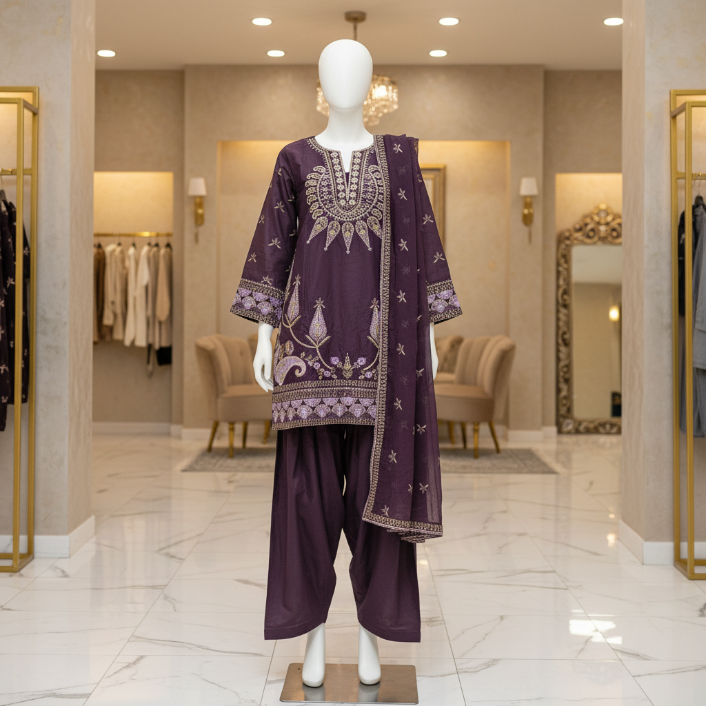 ALS Amethyst Royale | Plum Amethyst Farshi Shalwar Suit | Premium Cotton 3 Piece | Embroidered Shirt & Chiffon Dupatta
