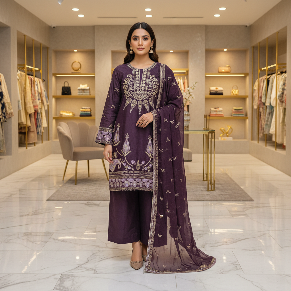 ALS Amethyst Royale | Plum Amethyst Farshi Shalwar Suit | Premium Cotton 3 Piece | Embroidered Shirt & Chiffon Dupatta