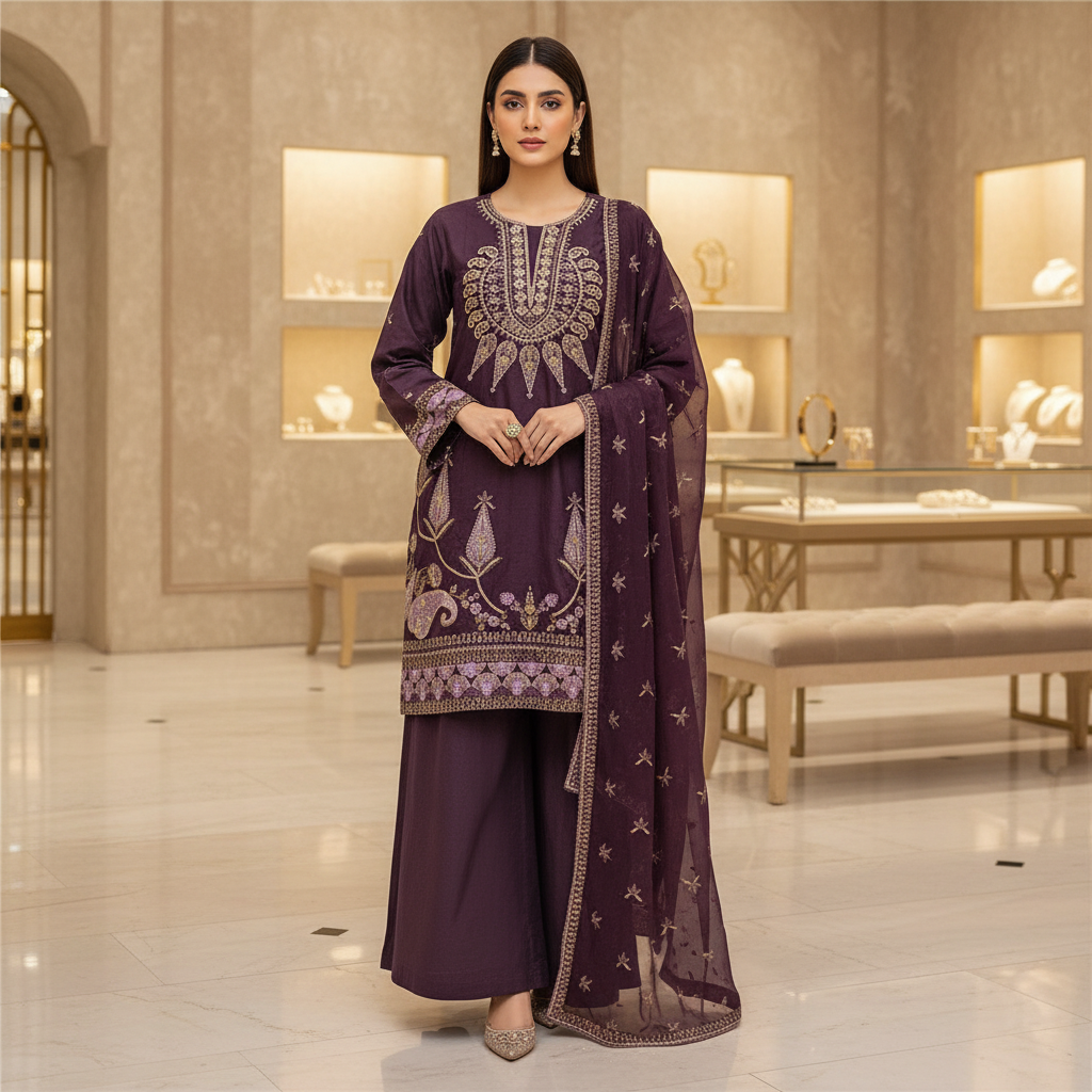 ALS Amethyst Royale | Plum Amethyst Farshi Shalwar Suit | Premium Cotton 3 Piece | Embroidered Shirt & Chiffon Dupatta