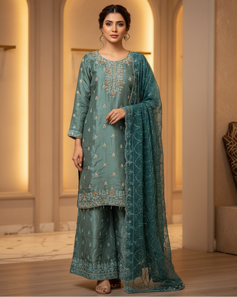 Navy Blue & Teal | Luxury Hand Embellished Shimmer Silk Suit | Embroidered Palazzo | Chiffon Dupatta