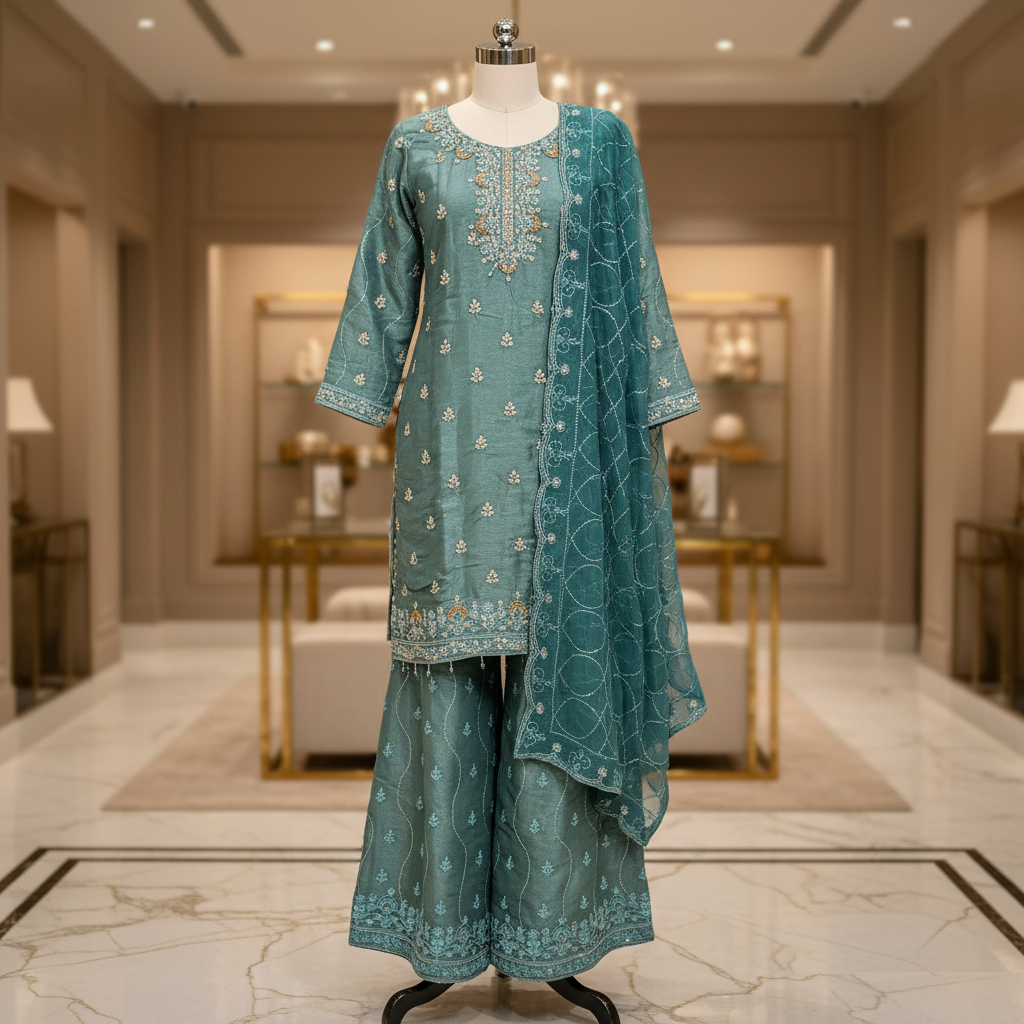 Navy Blue & Teal | Luxury Hand Embellished Shimmer Silk Suit | Embroidered Palazzo | Chiffon Dupatta