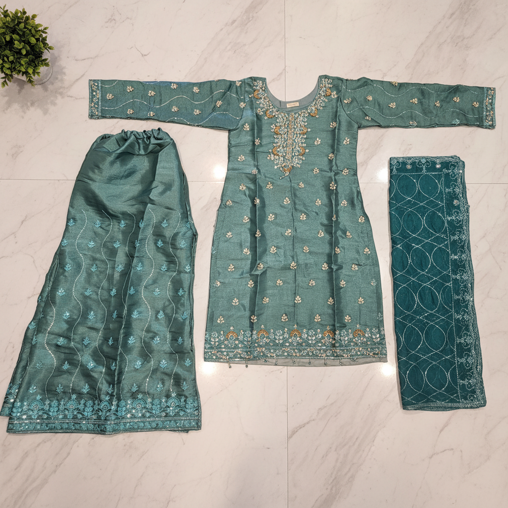 Navy Blue & Teal | Luxury Hand Embellished Shimmer Silk Suit | Embroidered Palazzo | Chiffon Dupatta