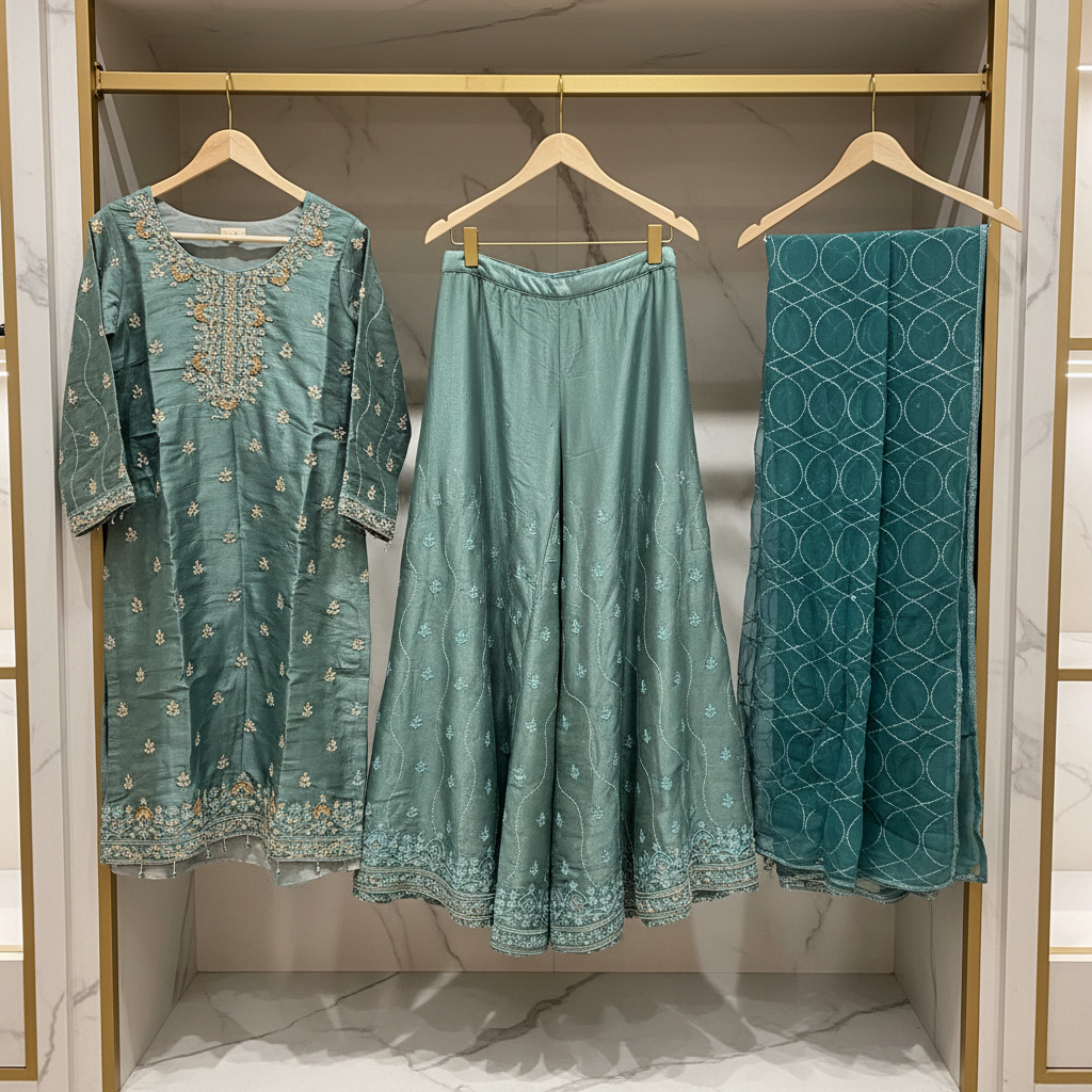 Navy Blue & Teal | Luxury Hand Embellished Shimmer Silk Suit | Embroidered Palazzo | Chiffon Dupatta
