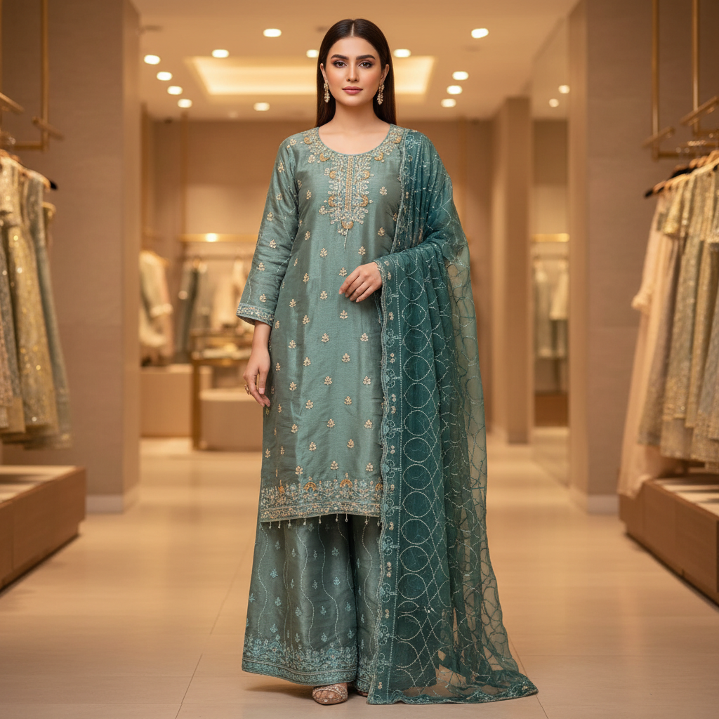 Navy Blue & Teal | Luxury Hand Embellished Shimmer Silk Suit | Embroidered Palazzo | Chiffon Dupatta