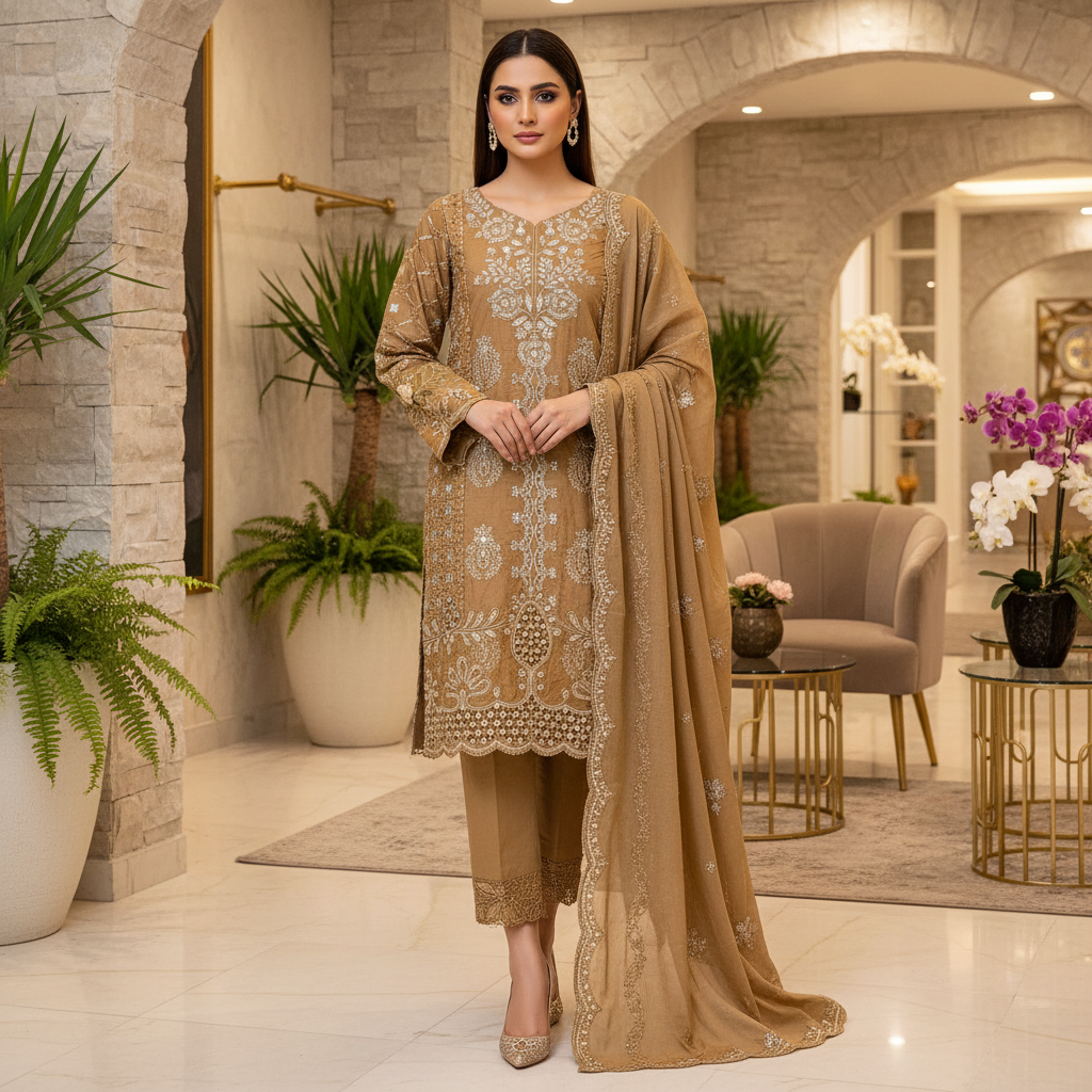 MB | Mahveen | Caramel Mocha Cotton Pakistani Suit | All-Over Thread & Sequin Embroidery | Premium 3 Piece Shalwar Kameez