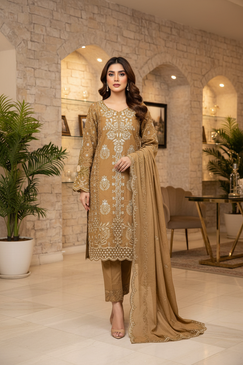 MB | Mahveen | Caramel Mocha Cotton Pakistani Suit | All-Over Thread & Sequin Embroidery | Premium 3 Piece Shalwar Kameez