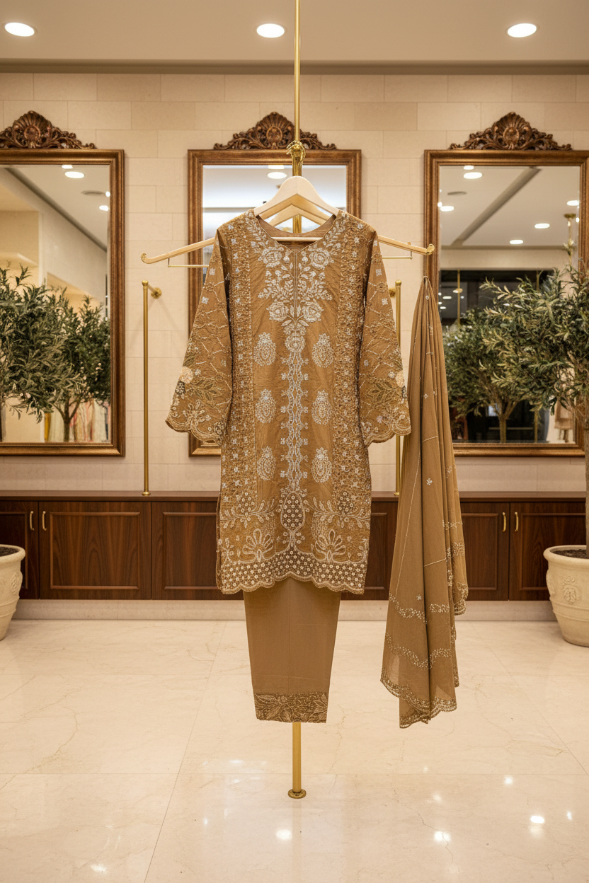 MB | Mahveen | Caramel Mocha Cotton Pakistani Suit | All-Over Thread & Sequin Embroidery | Premium 3 Piece Shalwar Kameez