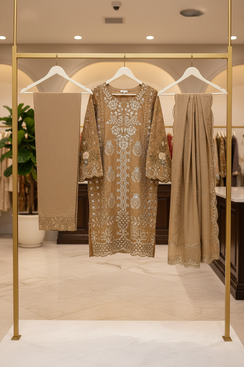 MB | Mahveen | Caramel Mocha Cotton Pakistani Suit | All-Over Thread & Sequin Embroidery | Premium 3 Piece Shalwar Kameez