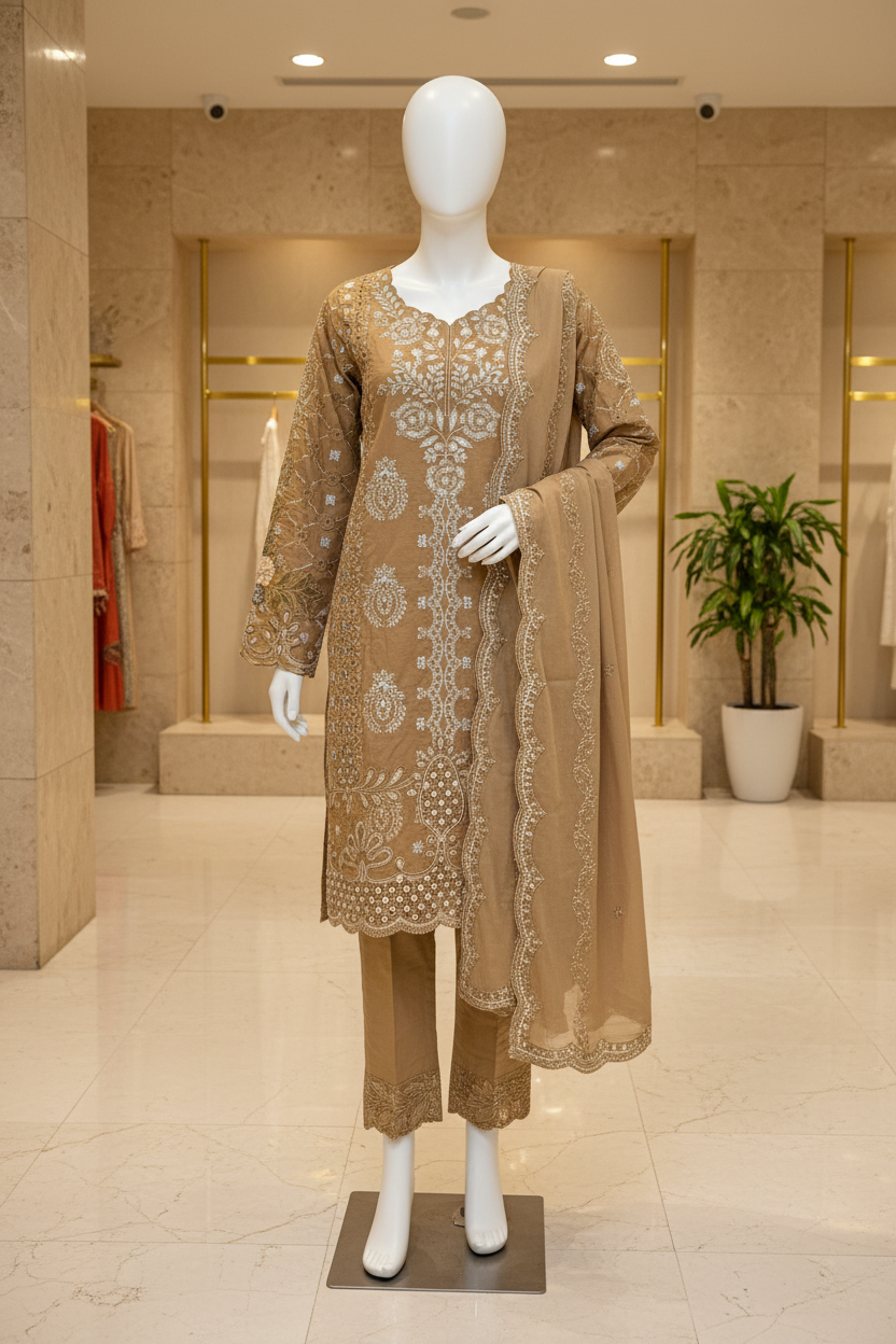 MB | Mahveen | Caramel Mocha Cotton Pakistani Suit | All-Over Thread & Sequin Embroidery | Premium 3 Piece Shalwar Kameez