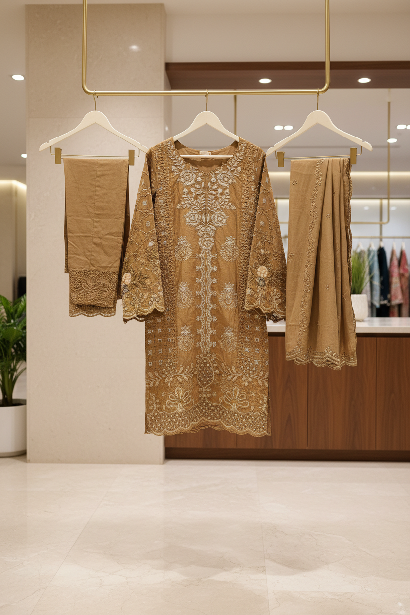 MB | Mahveen | Caramel Mocha Cotton Pakistani Suit | All-Over Thread & Sequin Embroidery | Premium 3 Piece Shalwar Kameez