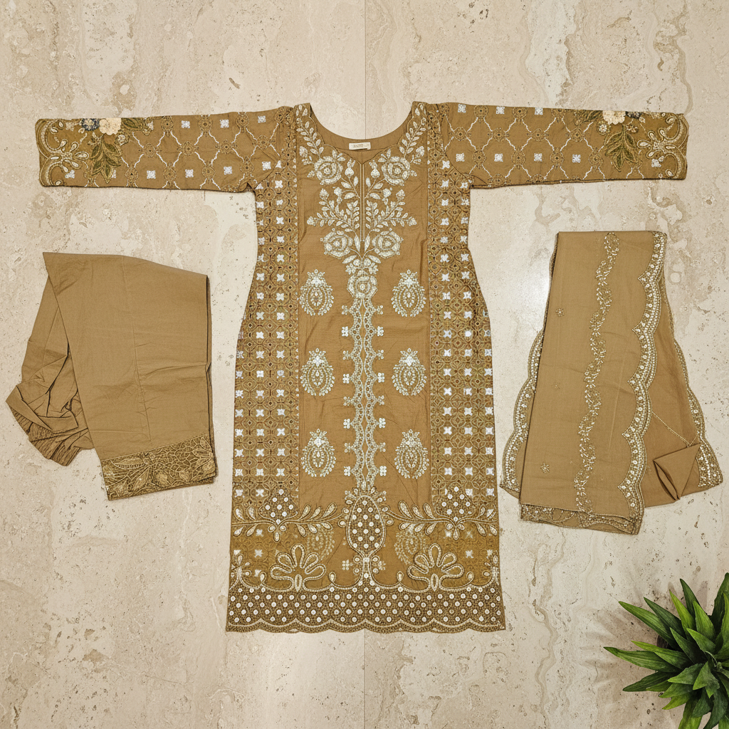 MB | Mahveen | Caramel Mocha Cotton Pakistani Suit | All-Over Thread & Sequin Embroidery | Premium 3 Piece Shalwar Kameez