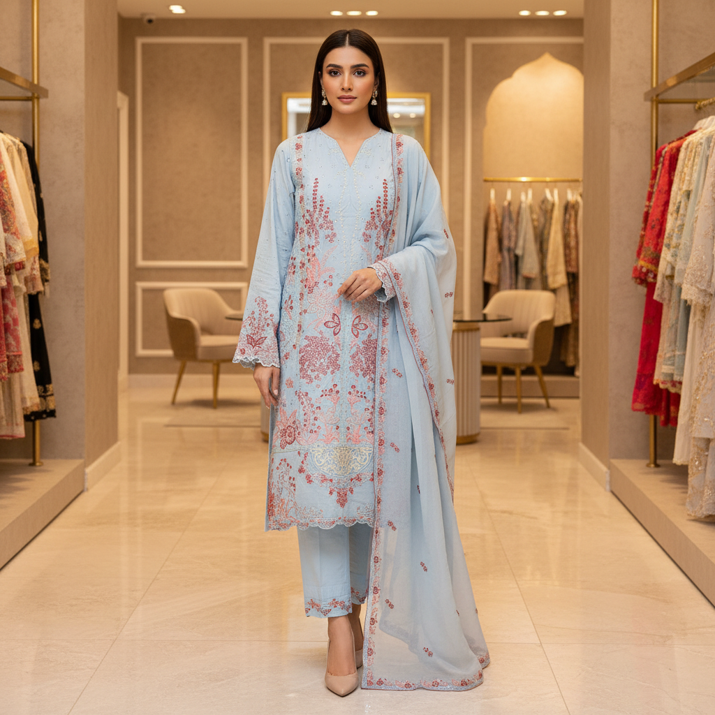 CRM Aabroo | Glacier Mist Cotton Shalwar Kameez | Luxury Thread, Sequin & Zari Embroidery | 3 Piece Suit